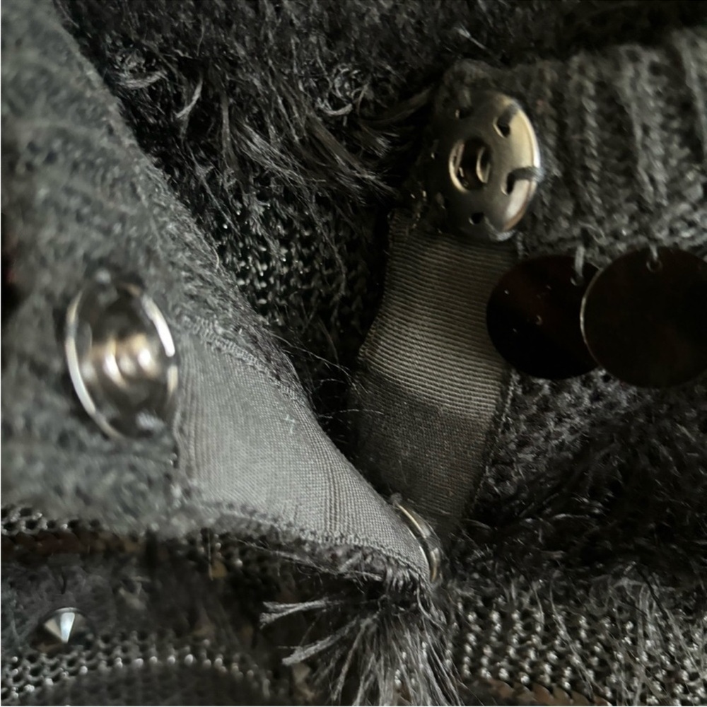 Ruby Rd Black Sequin & Bead Mixed Texture Cardigan Sweater Fuzzy Stripe Sz LG - Picture 10 of 12